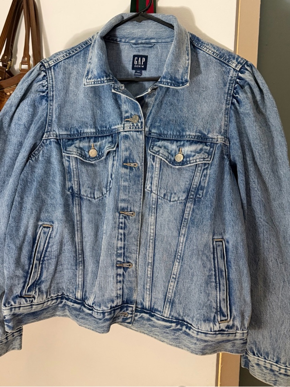 GAP Light Blue Washed Denim Jacket with Slight Puff Shoulders